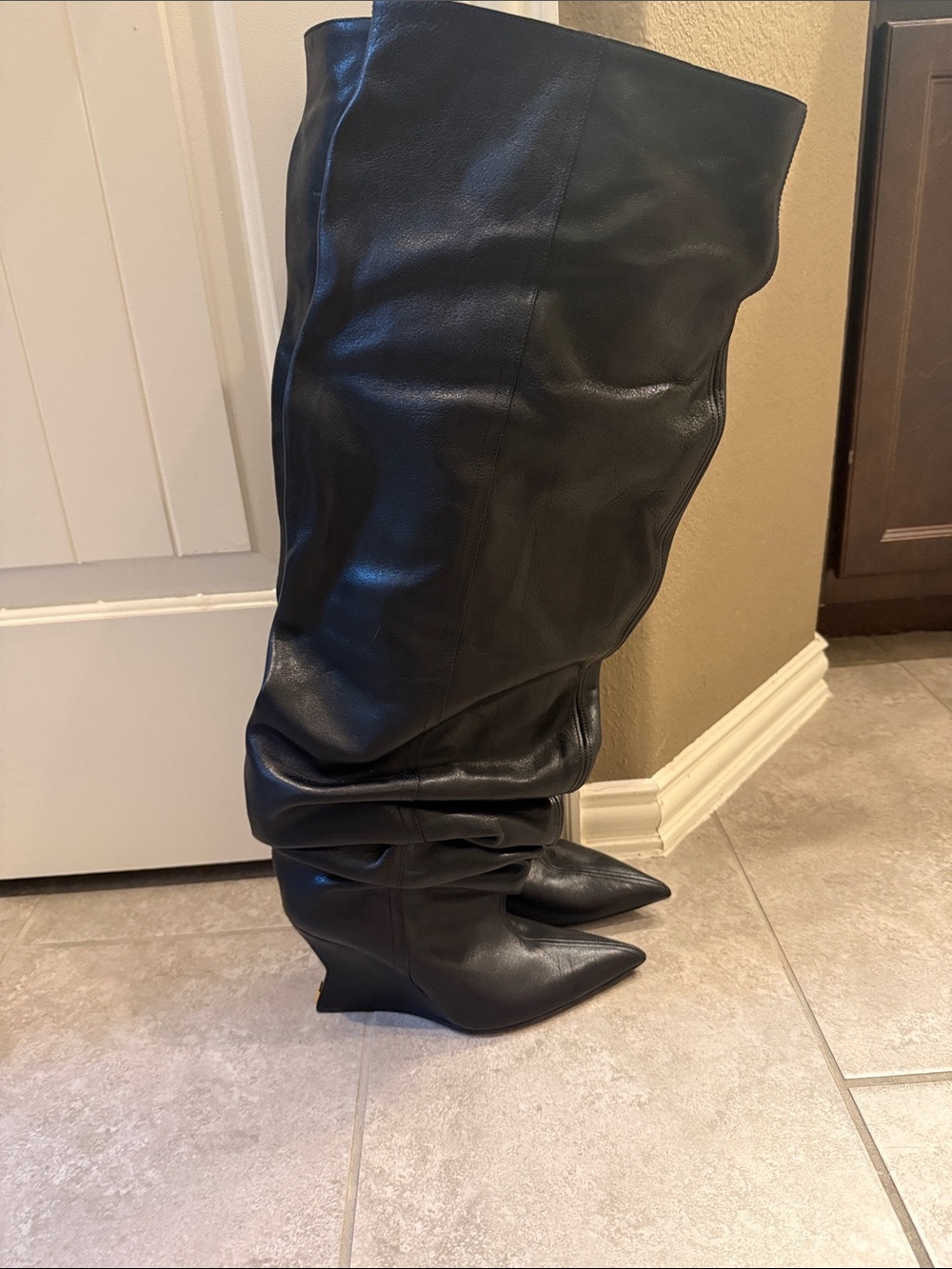 Balmain Black Slouchy Pointed-Toe Over-the-Knee Boots